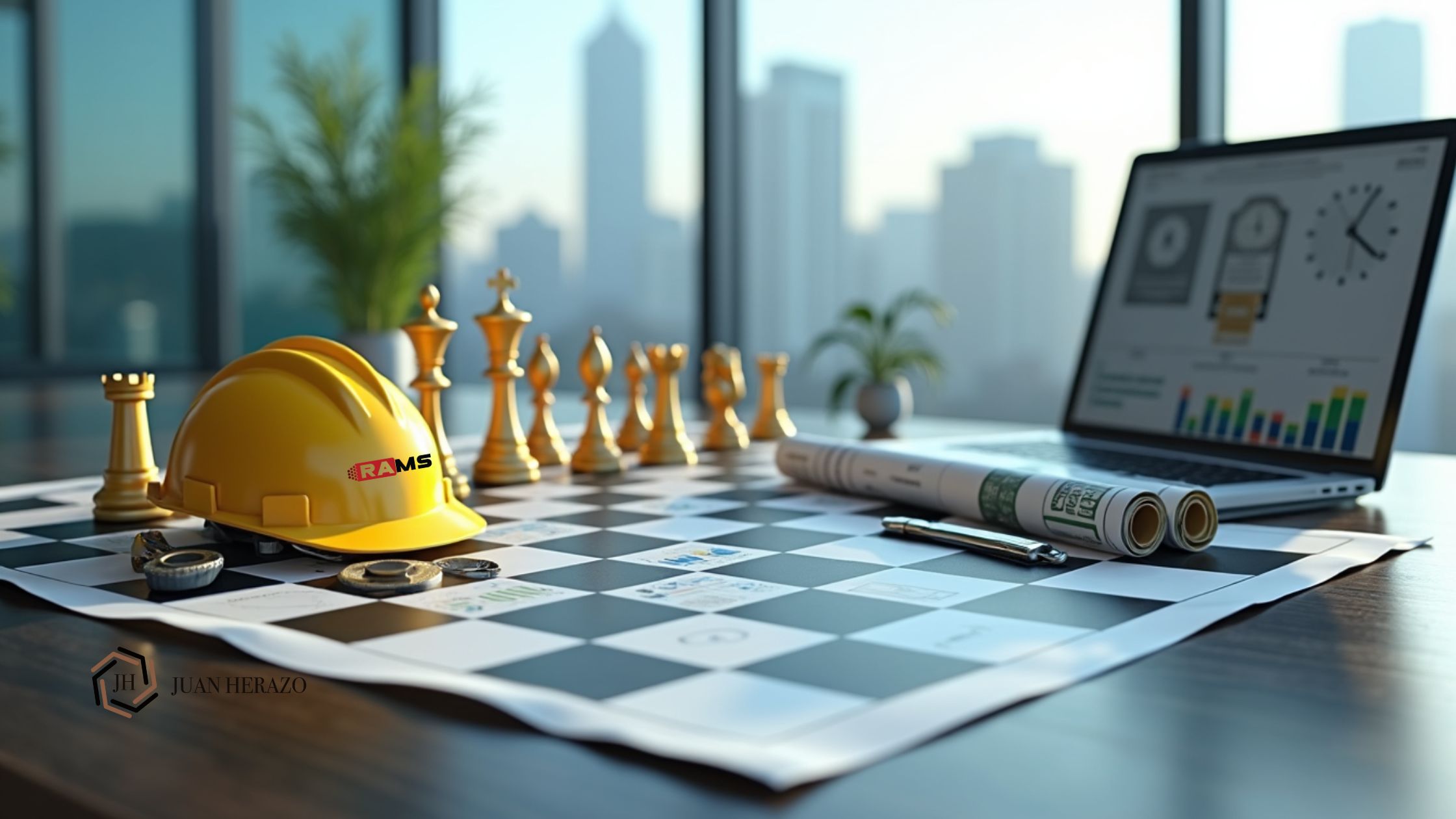 Tablero de ajedrez sobre una mesa de oficina con piezas doradas, un casco de seguridad amarillo, herramientas de ingeniería, planos enrollados y un portátil con gráficos financieros, simbolizando la estrategia entre ingeniería y resultados económicos.