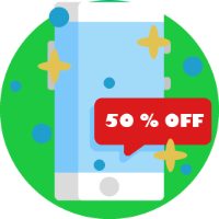 cell phone with a 50% off text chat bubble