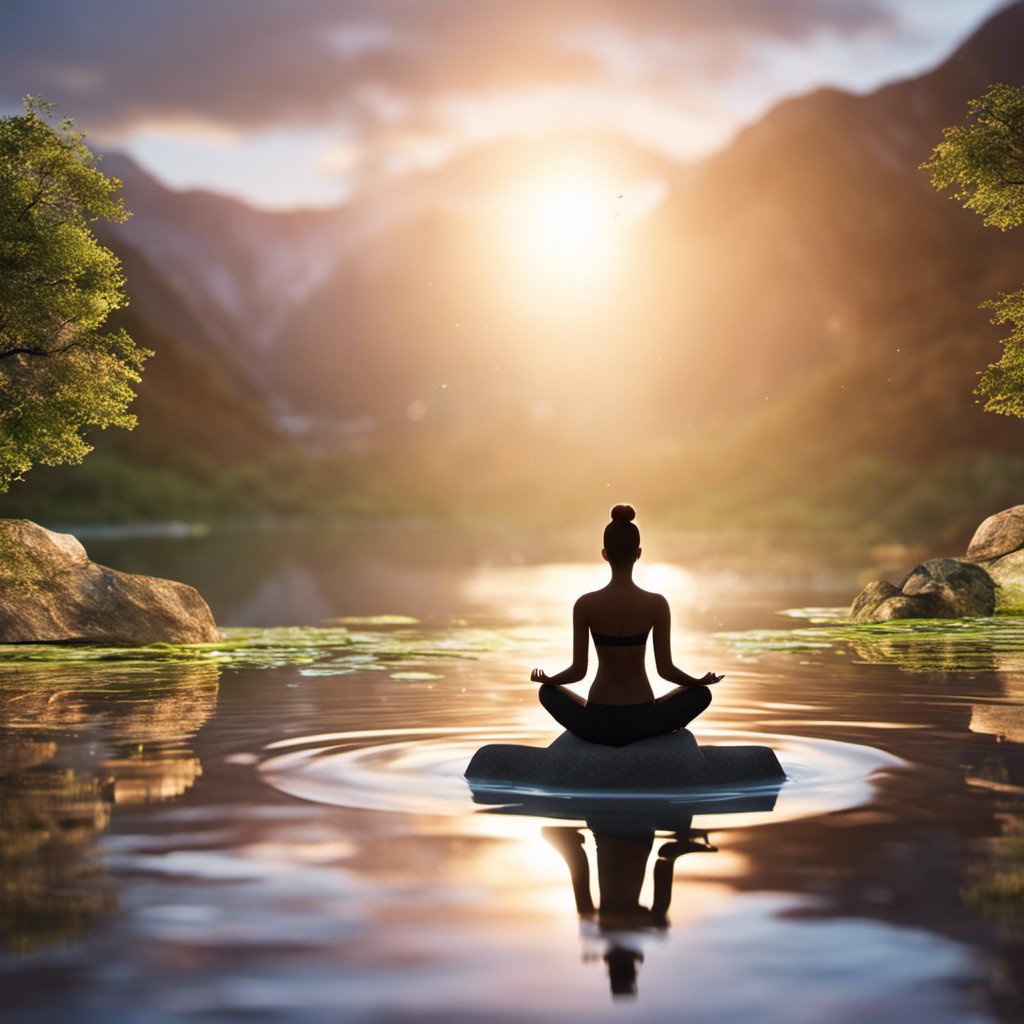 Person meditating on a floating pillow on a still lake with the sun rising over the mountains