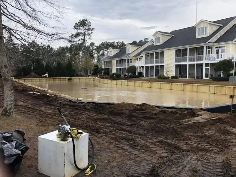 Retention pond construction at The Villas in Murrells Inlet, SC built by Waterbridge Contractors of the Carolinas