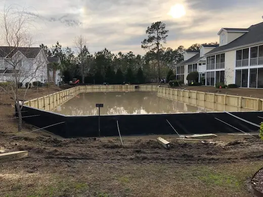Retention pond construction at The Villas in Murrells Inlet, SC built by Waterbridge Contractors of the Carolinas