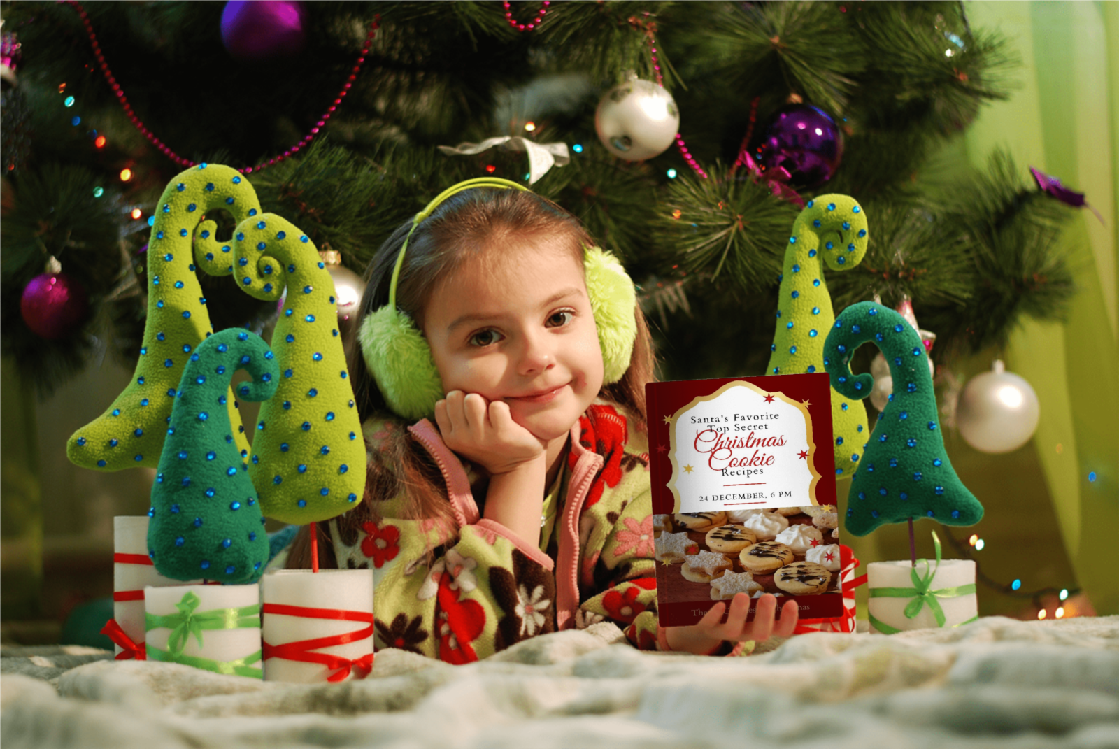 child under christmas tree holding book of Santas Top Secret Crhistmas Cookies