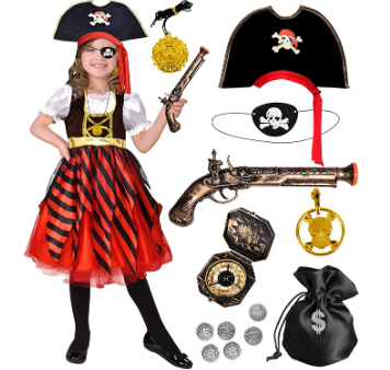 A girl dressed as a pirate with various accessories around her