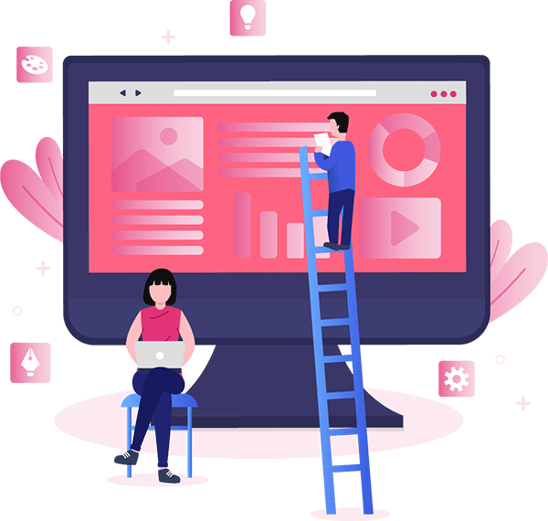 graphic of two people building a website with the page builder