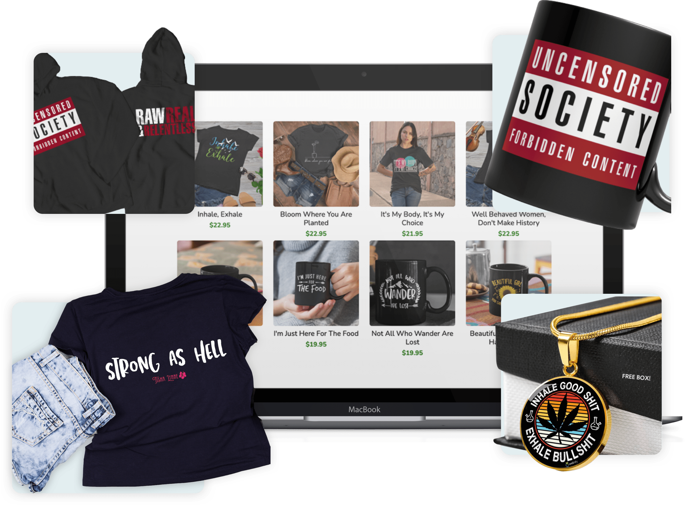 image of branded tee shirts, coffee mug and jewelry