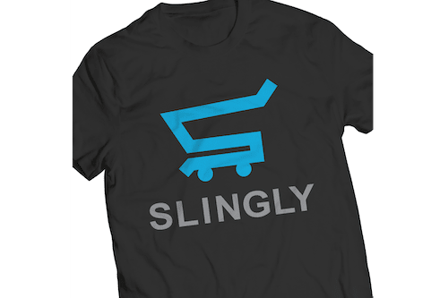 Slingly shopping kart logo on a black tee shirt