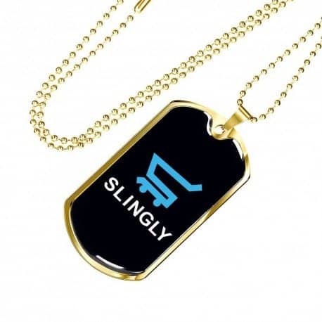 slingly logo on a gold and black dog tag necklace