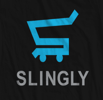 close up image of a slingly logo on a black tee shirt