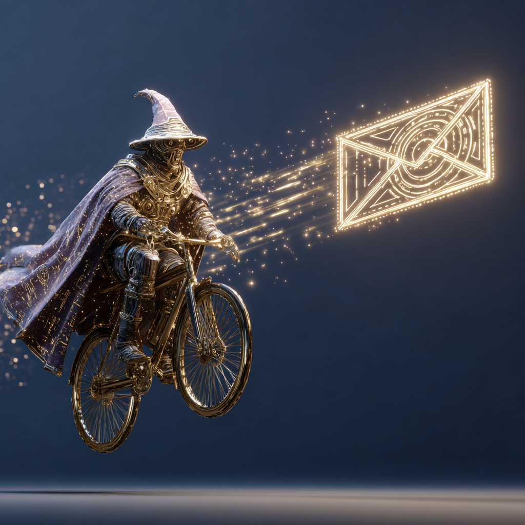 Chief Wizard riding a golden bicycle and launching a glowing email into the cosmos