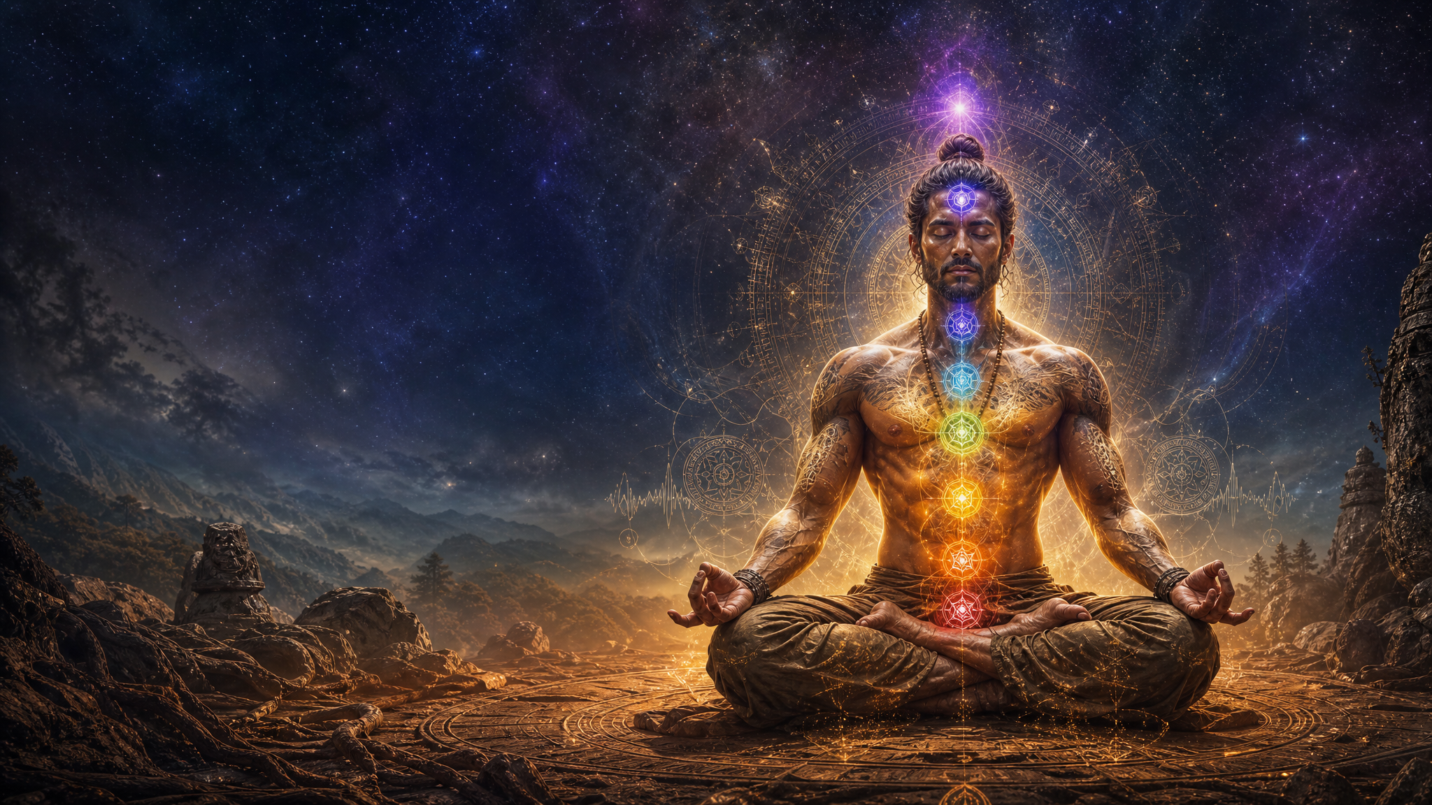 Mystical warrior in lotus position with chakra energy and sacred geometry against a cosmic starfield — the Mystical Warrior Protocol