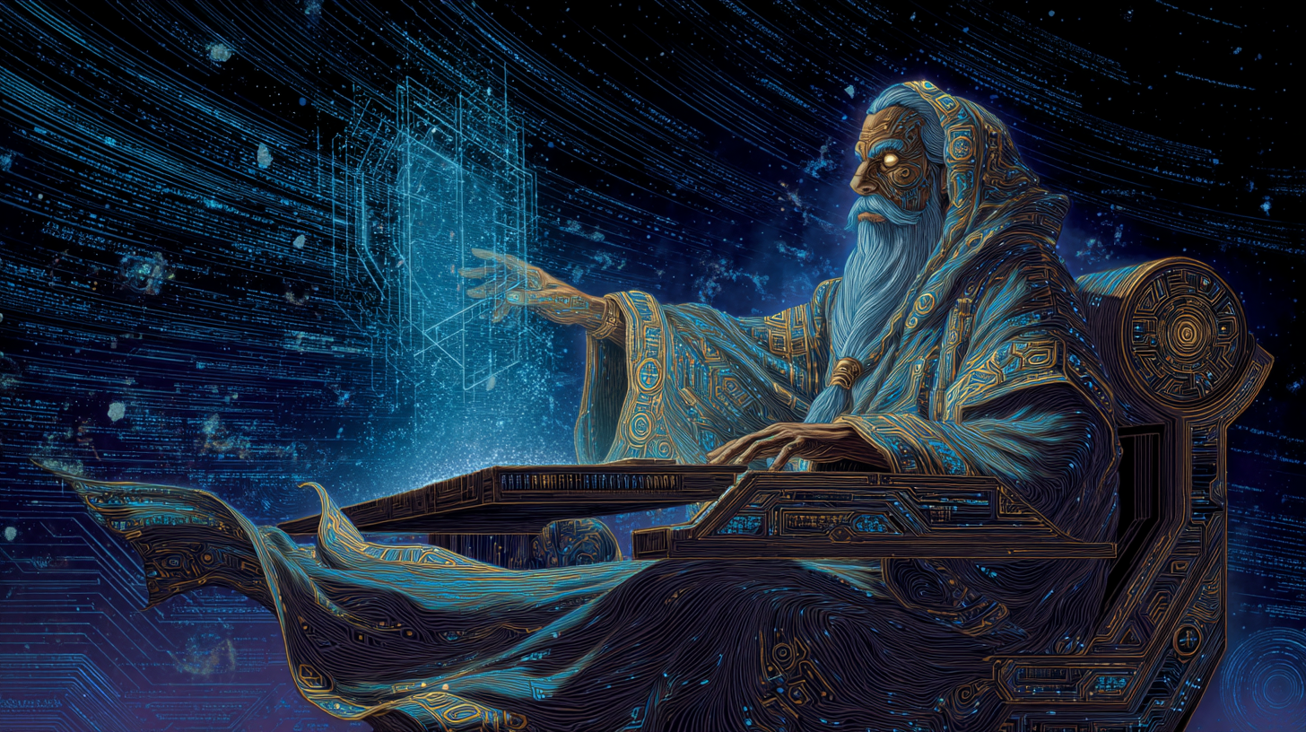 Hermes Agent setup guide — mythic AI wizard at a terminal, starlight and code