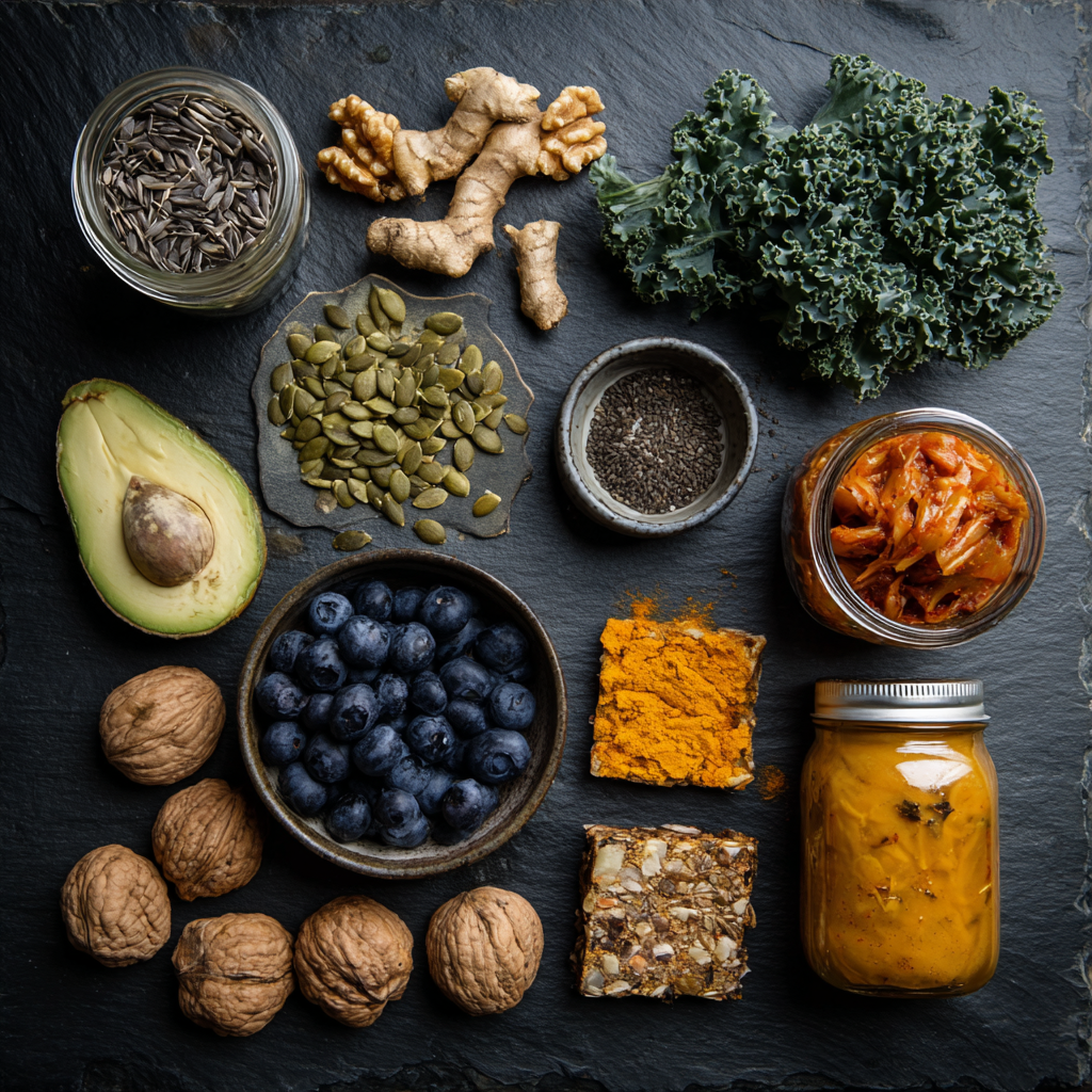 Overhead flat lay of whole vegan healing foods — hemp seeds, pumpkin seeds, dark leafy greens, turmeric root, walnuts, berries, and tempeh on dark stone — warm studio light