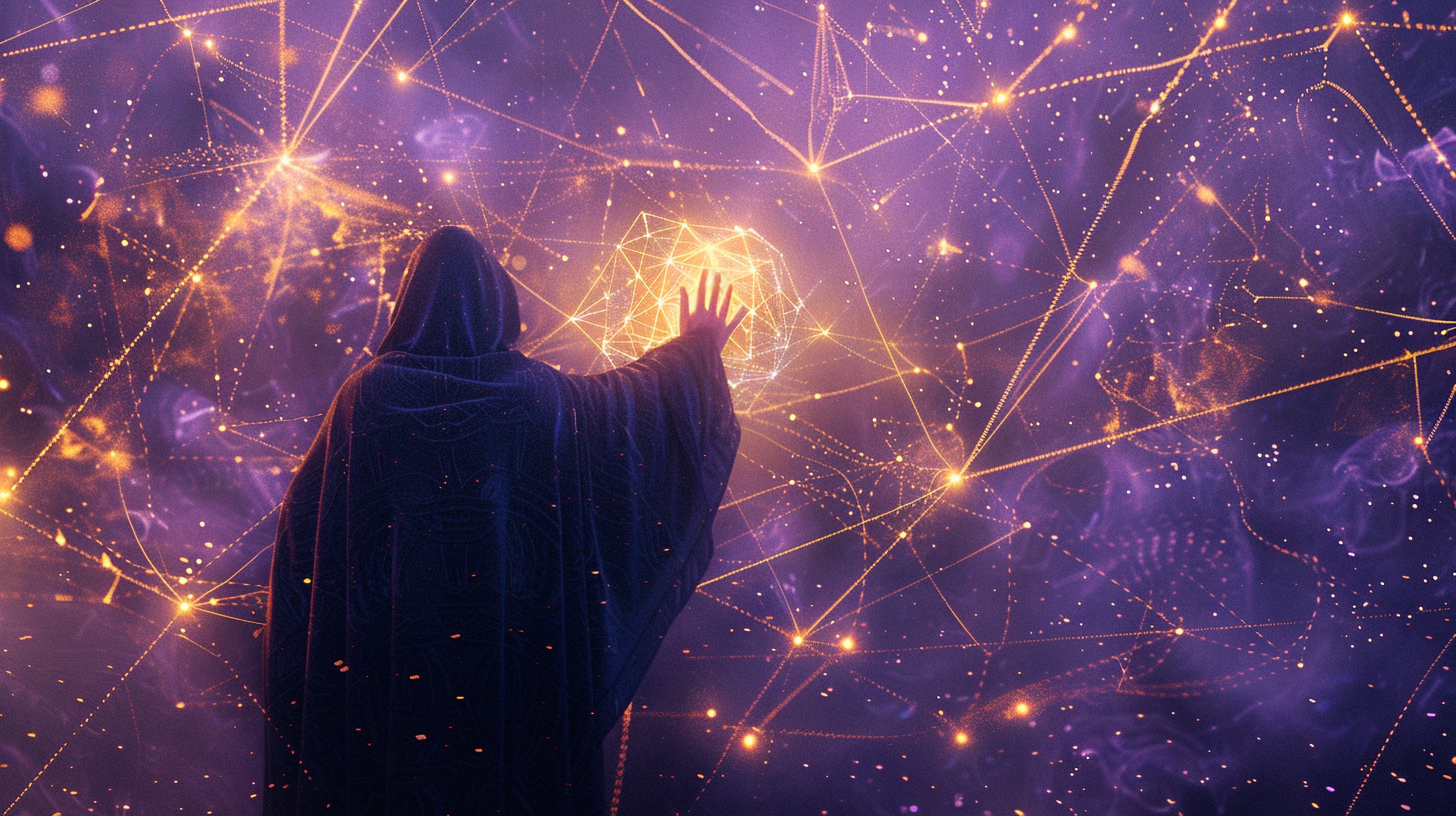 A glowing constellation of network nodes forming a spider web over a dark indigo field, gold light tracing connections between accounts