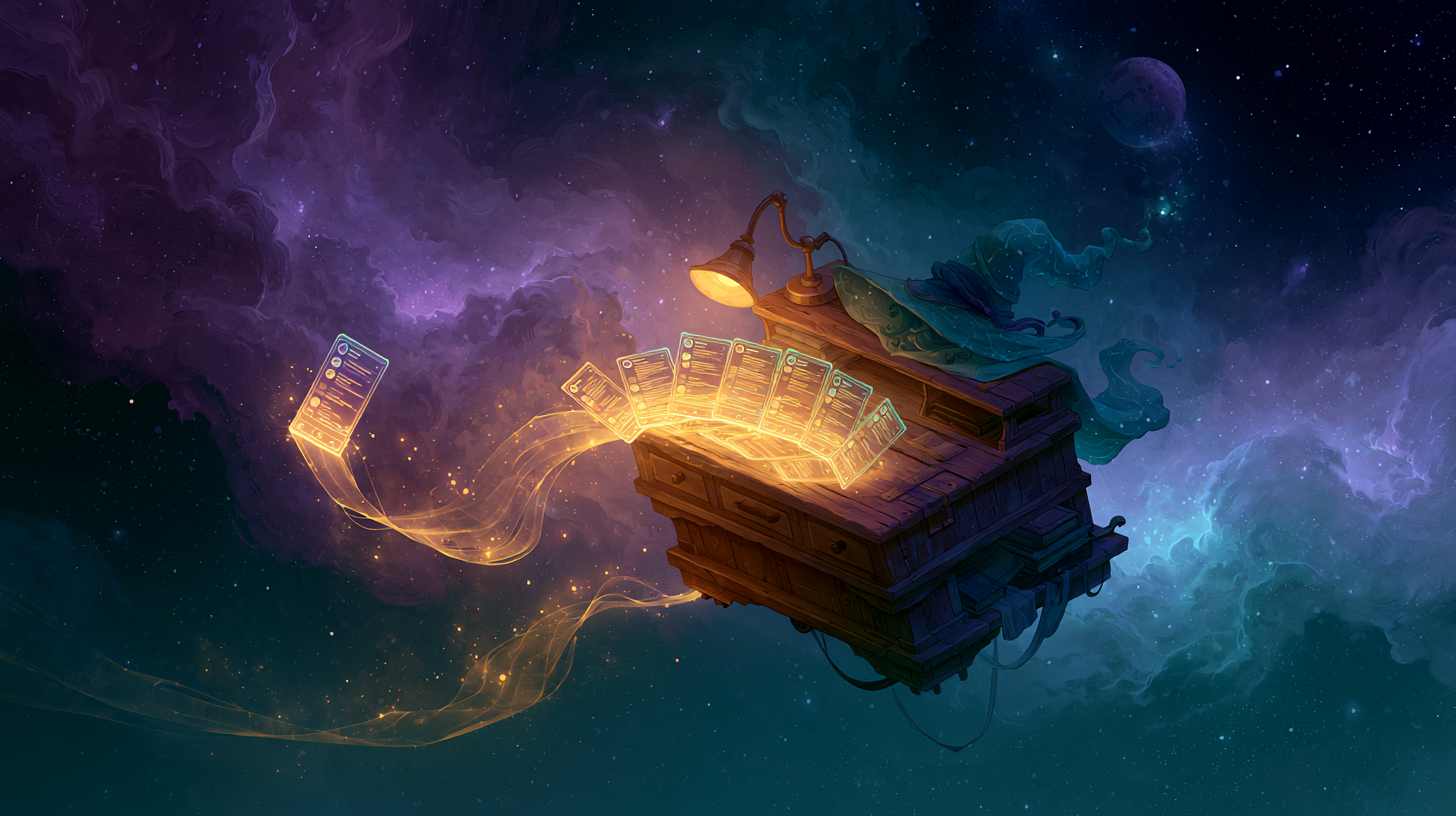 A wizard's desk floating in a starfield, glowing cards of social posts fanned across it — one lifting into the sky
