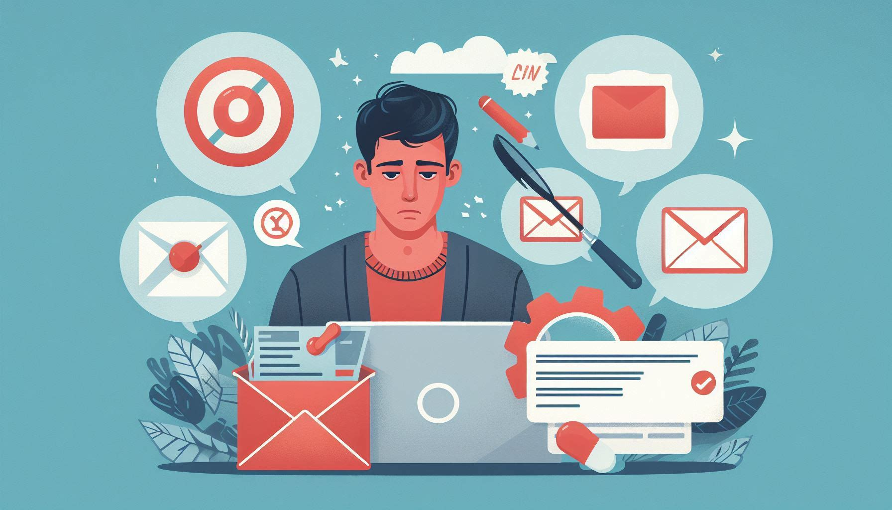 Illustration of email marketing pitfalls: poor subject lines, irrelevant content, lack of personalization.