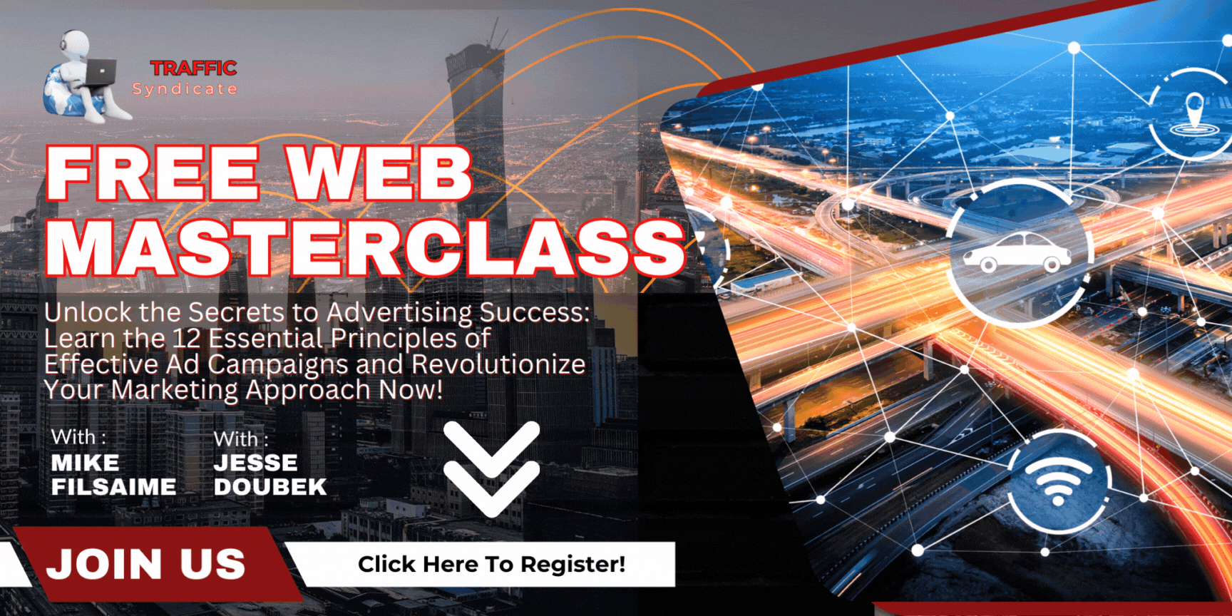 Image promoting a free webclass webinar on driving traffic. Join now!