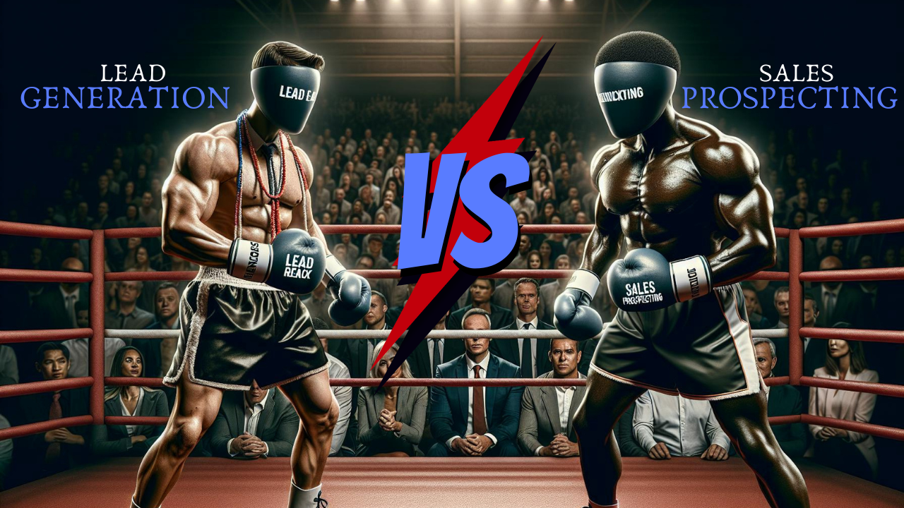 Lead Generation' on the left shows a skilled boxer going up against 'Sales Prospecting' on the right of a skilled boxer both showing great promise to win.