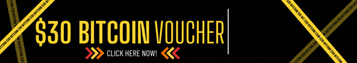 Animated banner promoting a $30 Bitcoin voucher for new Coinbase accounts, with bold yellow text and diagonal stripes reading “BITCOIN VOUCHER” on a black background.