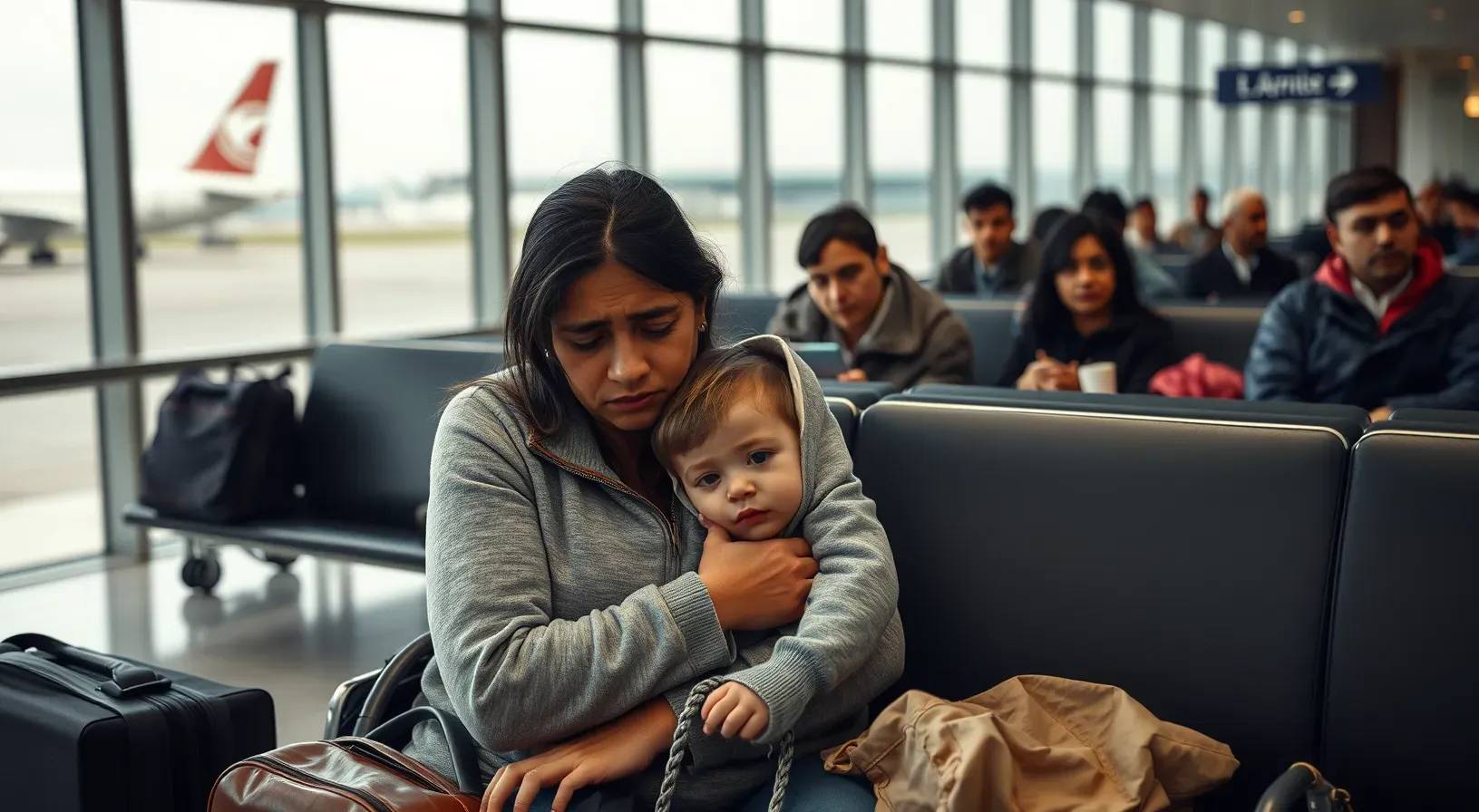 mother and child waiting for a deportation flight in Panama