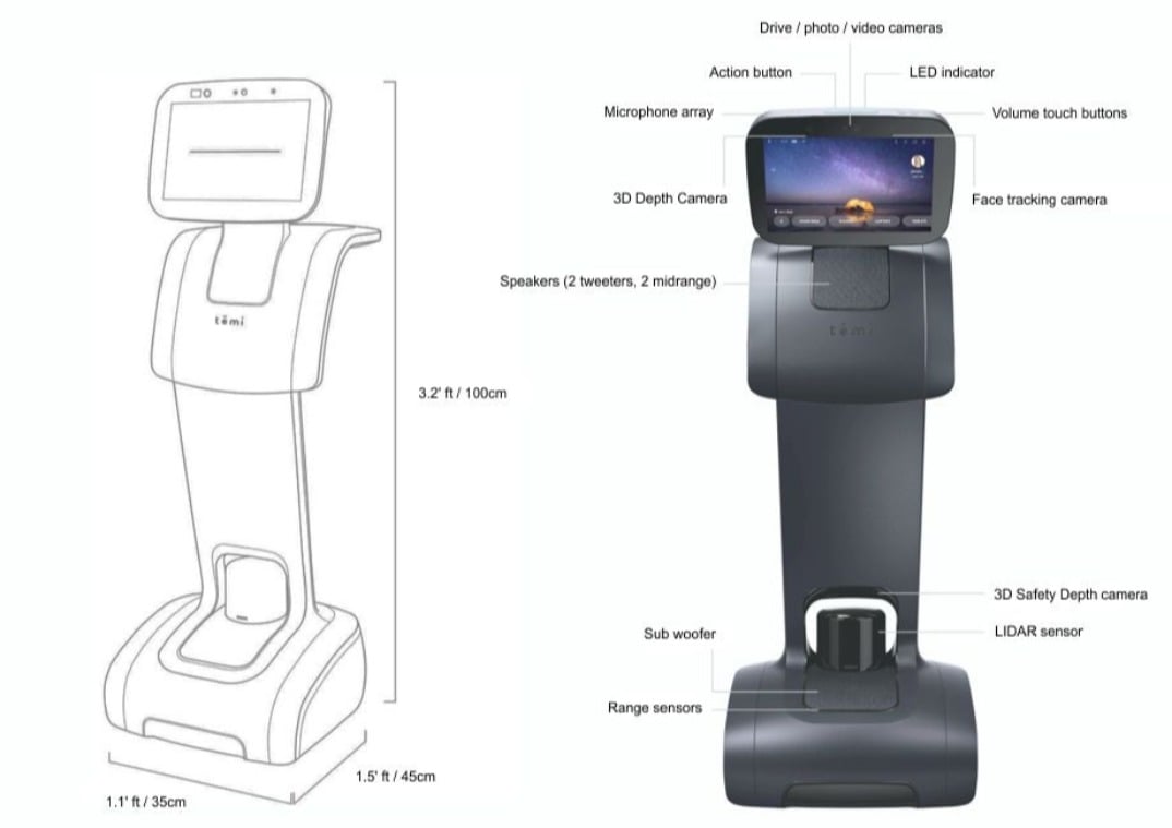 Sizes and dimensions of the Temi robot and location of all its features