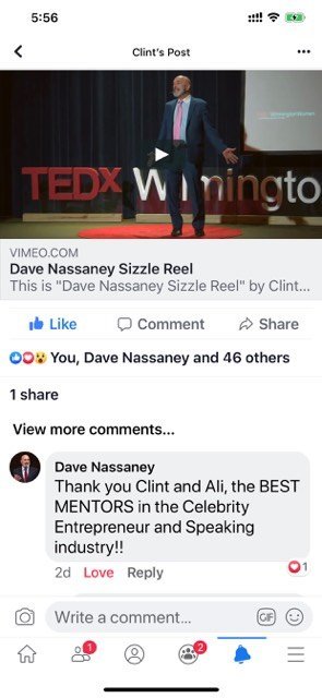 Dave Nassaney: 'Thank you Clint and Ali, the best mentors in the celebrity entrepreneur nd speaking industry!!'