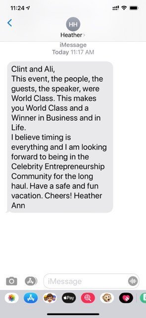 Heather H: ' Cint and Ali, This makes you the World Class and in Life. I believe timing is everything and I amlooking frward to being in the Celebrity Entrepreneurship Community for the long haul. Have a safe and fun vacation. Cheers! Heather Ann.'