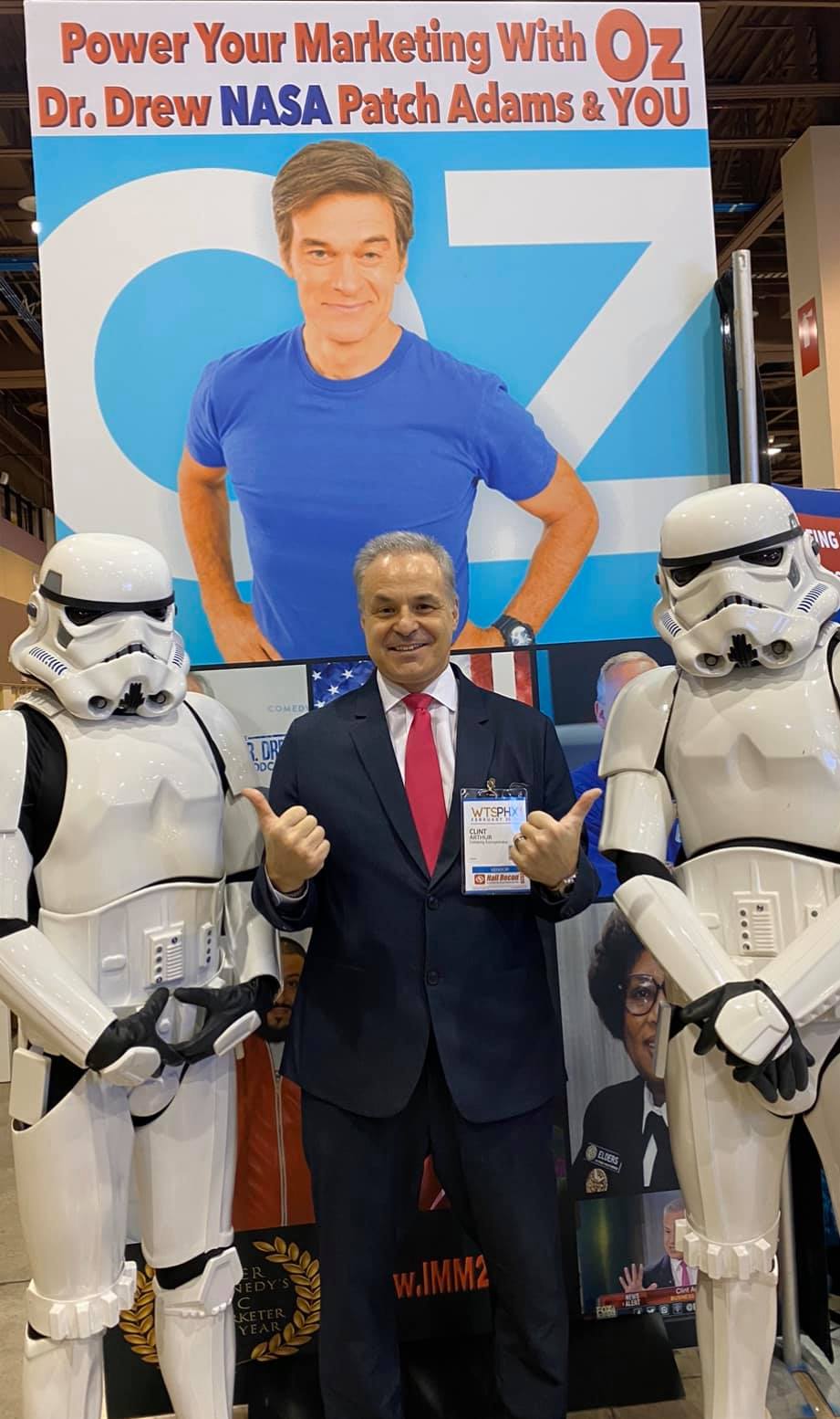 Clint Arthur with Star Wars Stormtroopers promoting his Dr. Oz event, ‘Instant Marketing Miracle’