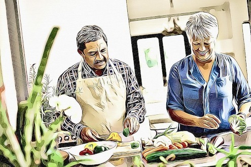 retired couple cooking a meal