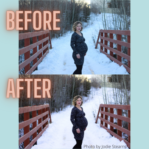 before and after edited photo of pregnant woman on bridge in the snow 