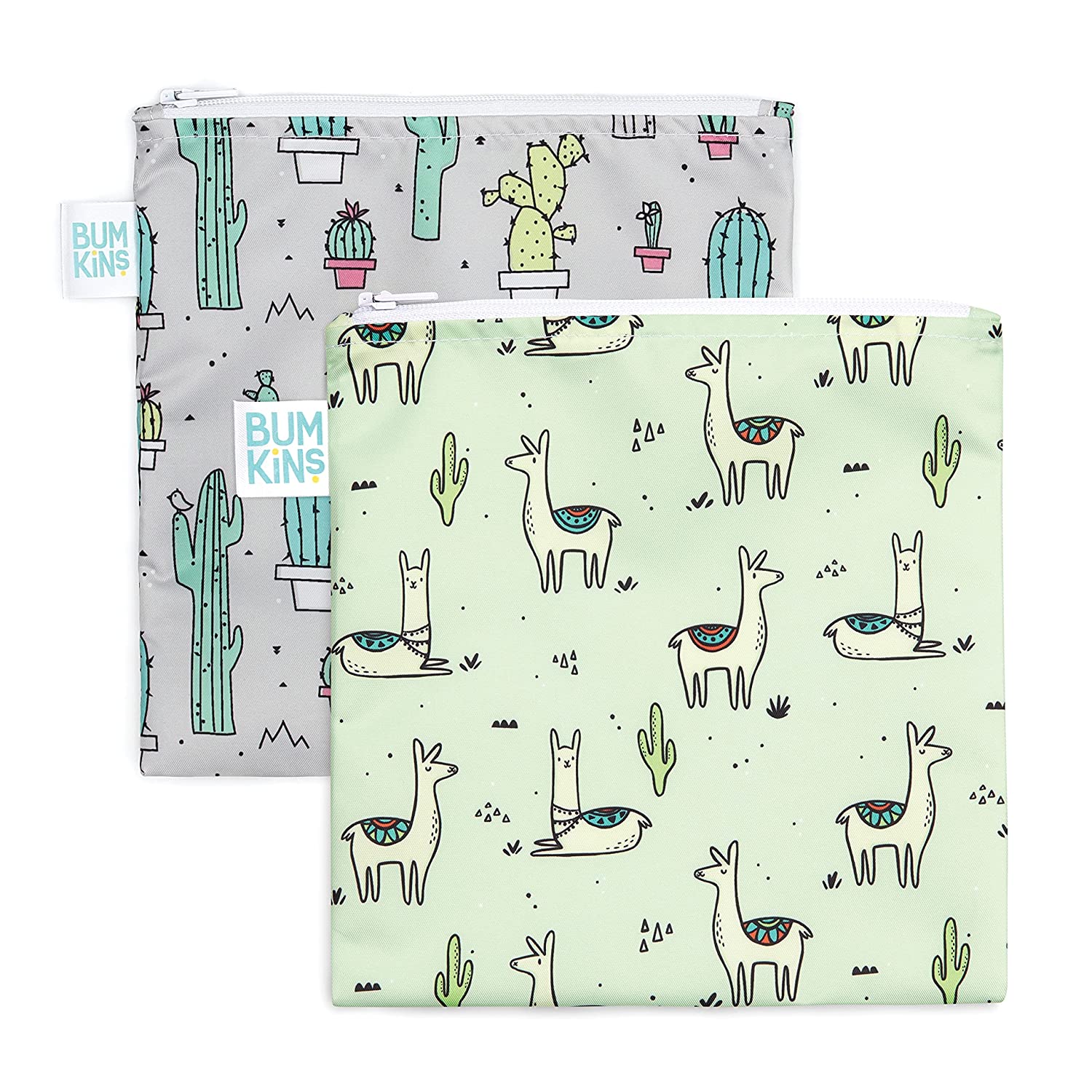 zipper pouches with kid prints in green and gray