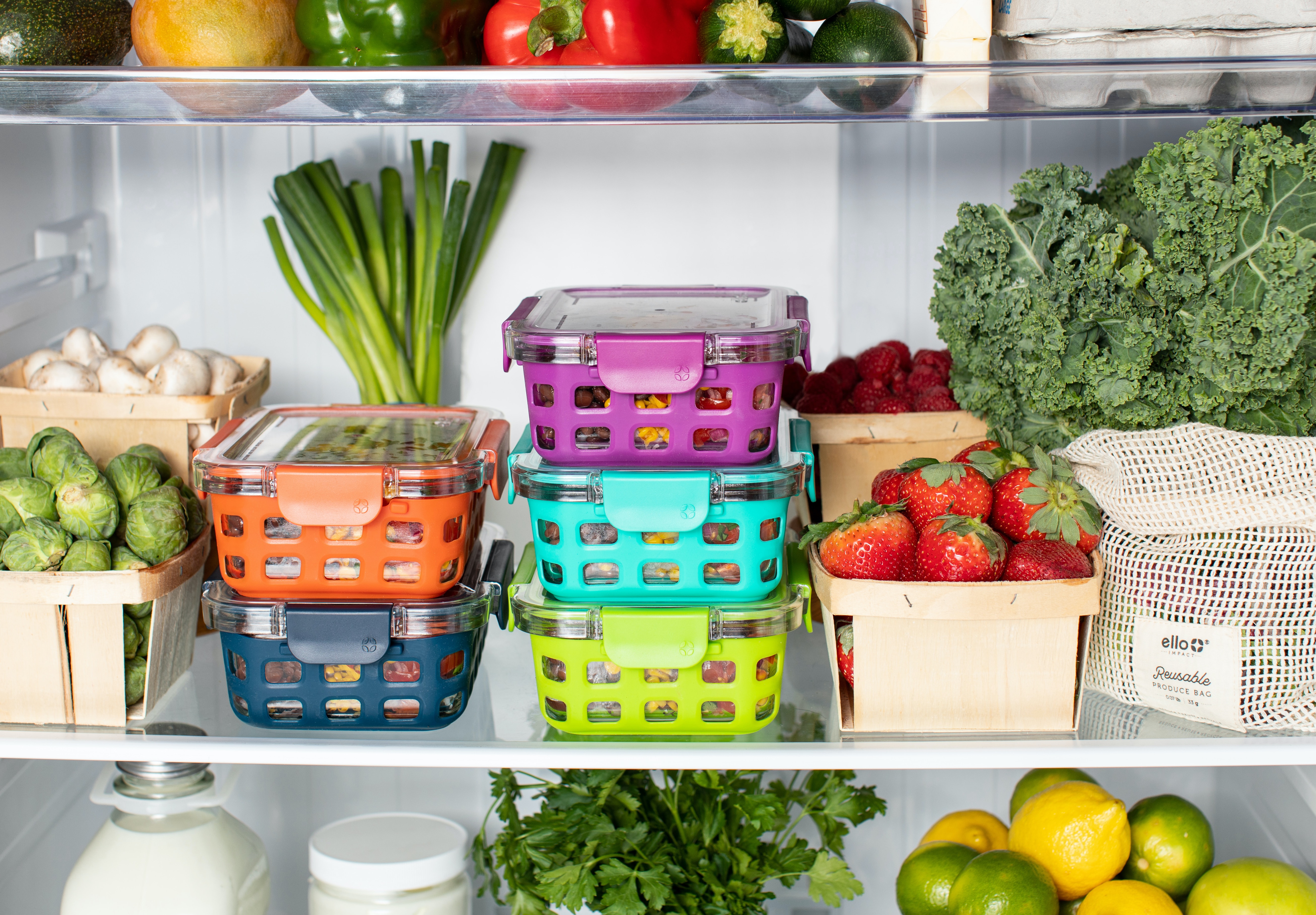fruit and vegetable refrigerator storage. Glass containers with rubber grip
