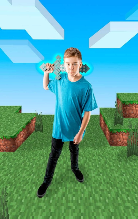 two children standing with minecraft weapons