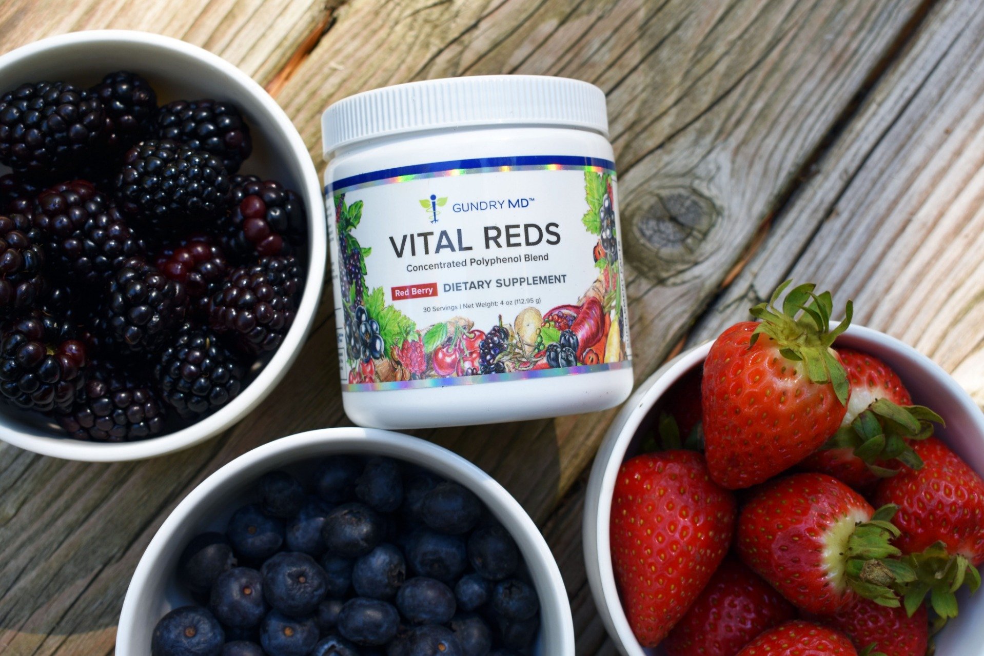 Container of Vital Reds - This unique 4-in-1 formula is jam-packed with the vital nutrients needed to feel fantastic each day