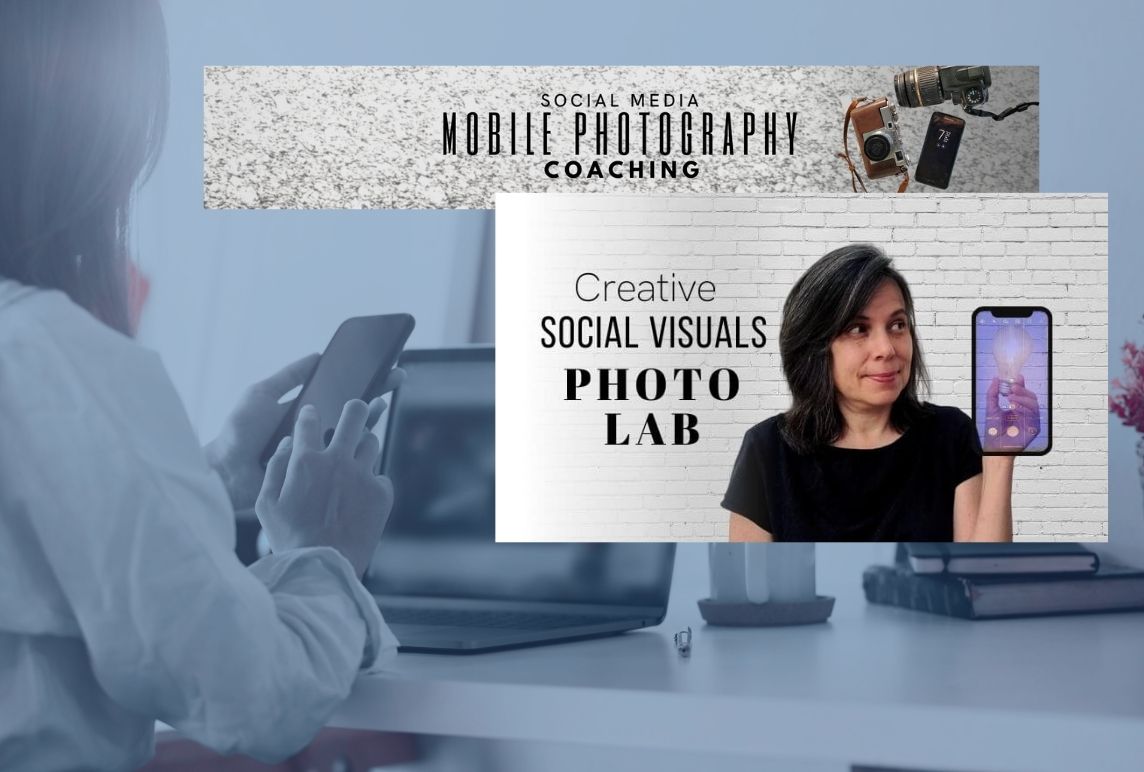 Women looking at phone at desk and 2 social media banners