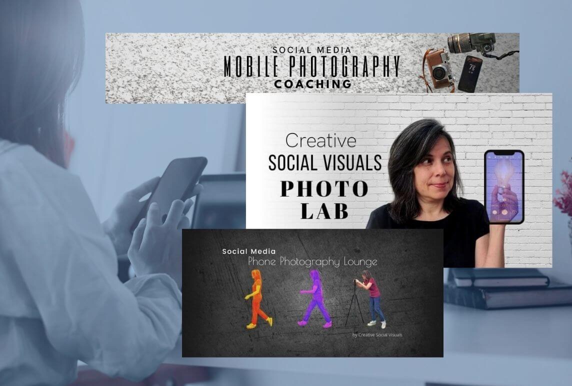 Women looking at phone at desk and 3 social media banners