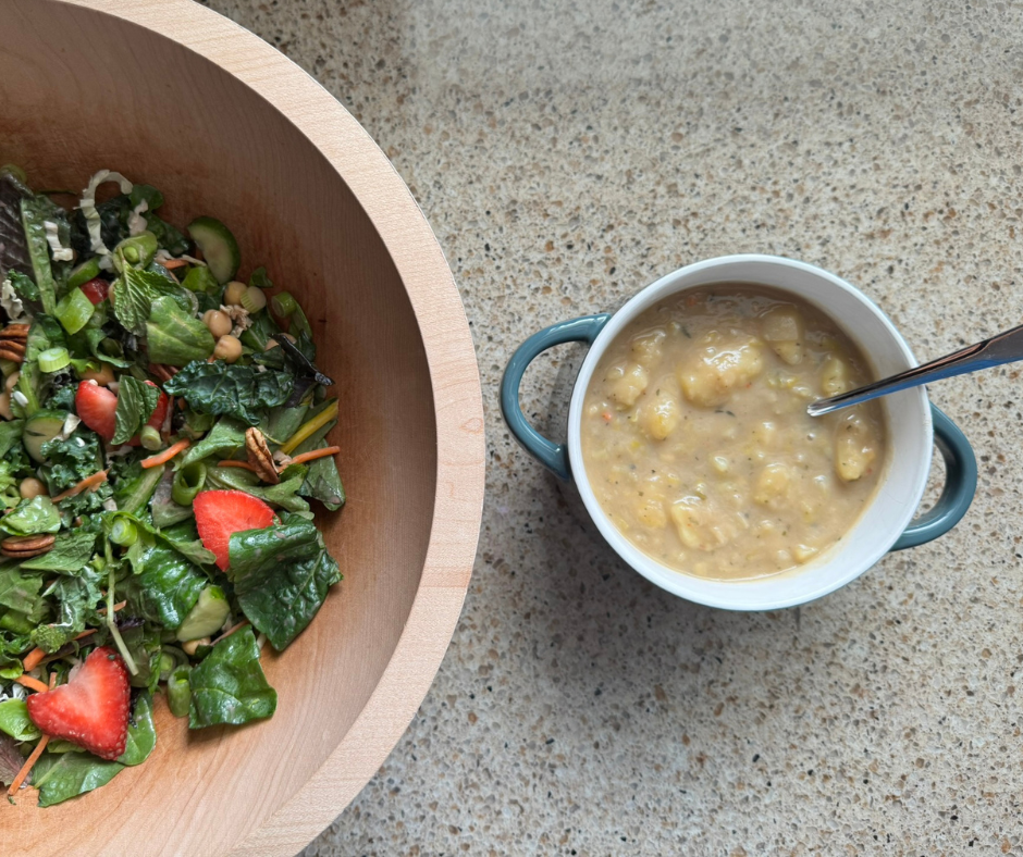 Strawberry Chickpea Garden Bowl served with creamy potato leek soup for a simple plant-based meal.