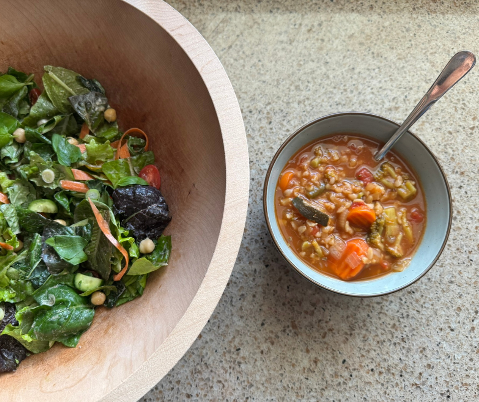 Caprese-inspired salad served with vegetable and rice soup for a balanced plant-based meal