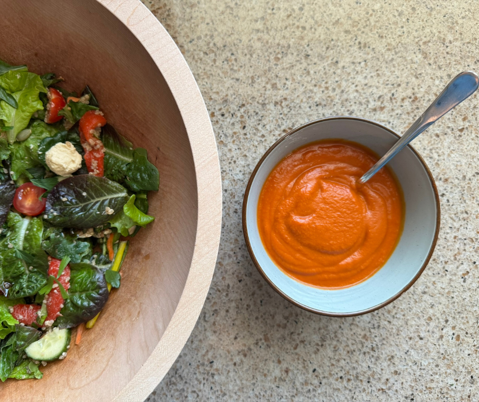 Mediterranean hummus salad served with tomato basil soup for a complete plant-based meal