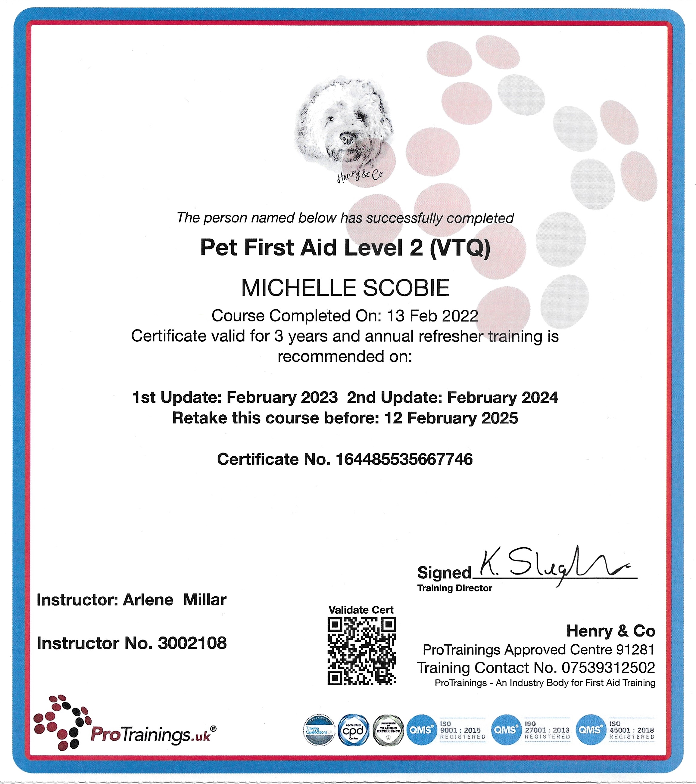 pet first aid certificate for michelle scobie