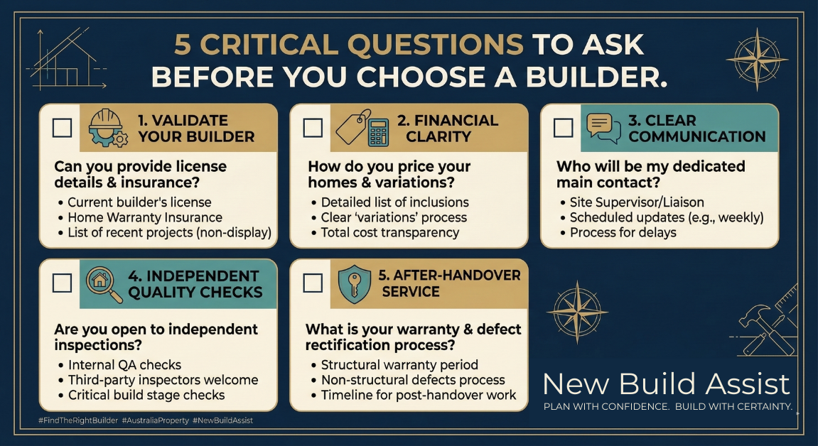 Infographic checklist summarizing the 5 critical questions to ask an Australian builder before signing a new home contract, presented by New Build Assist.