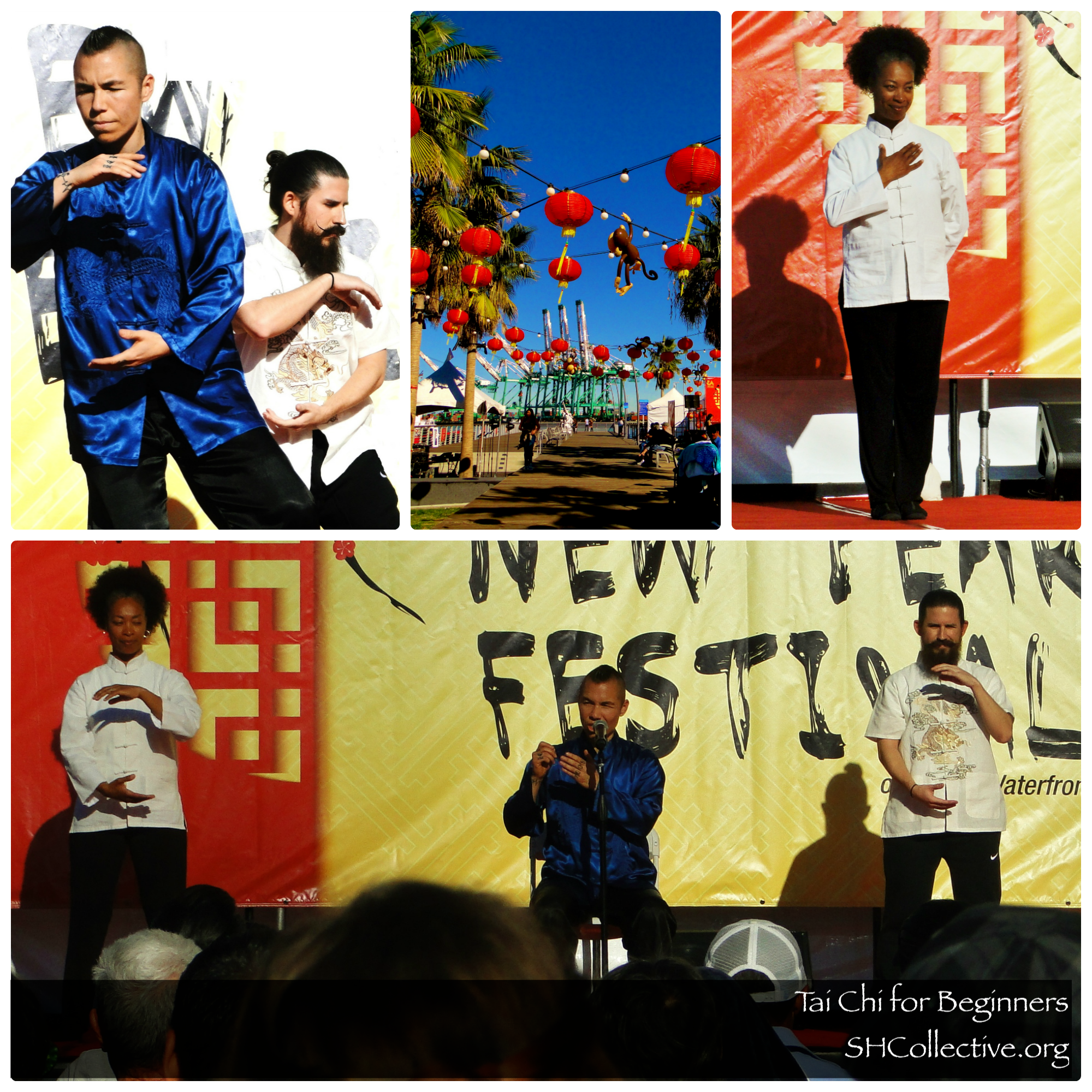 Tai Chi instructor Angie Sierra on stage with two of her assistance demonstrating Tai Chi at a Lunar Festival 
