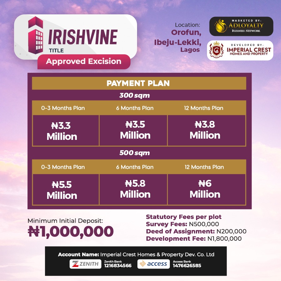 IRISHVINE OROFUN, IBEJU-LEKKI. LAGOS