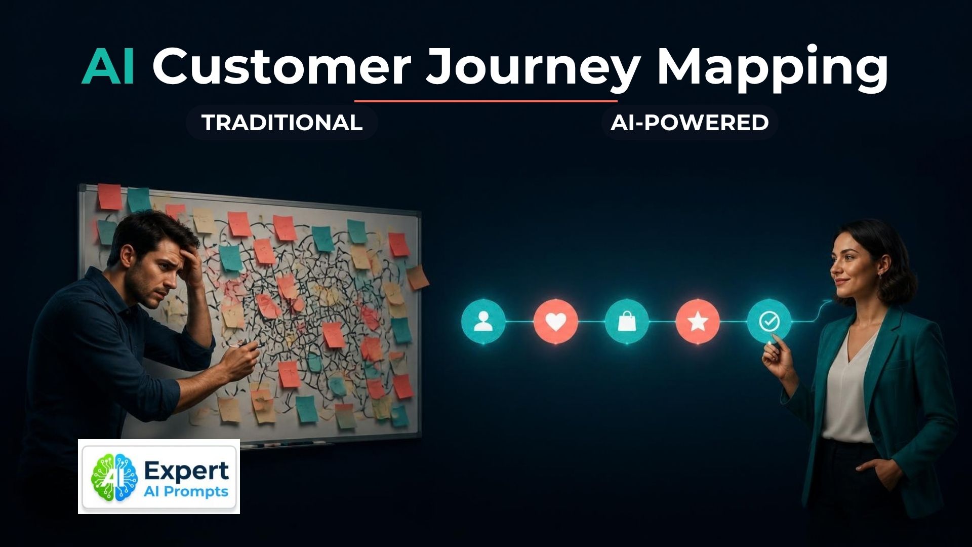 AI customer journey mapping: stressed marketer at a tangled whiteboard beside a confident one with a clean five-stage line