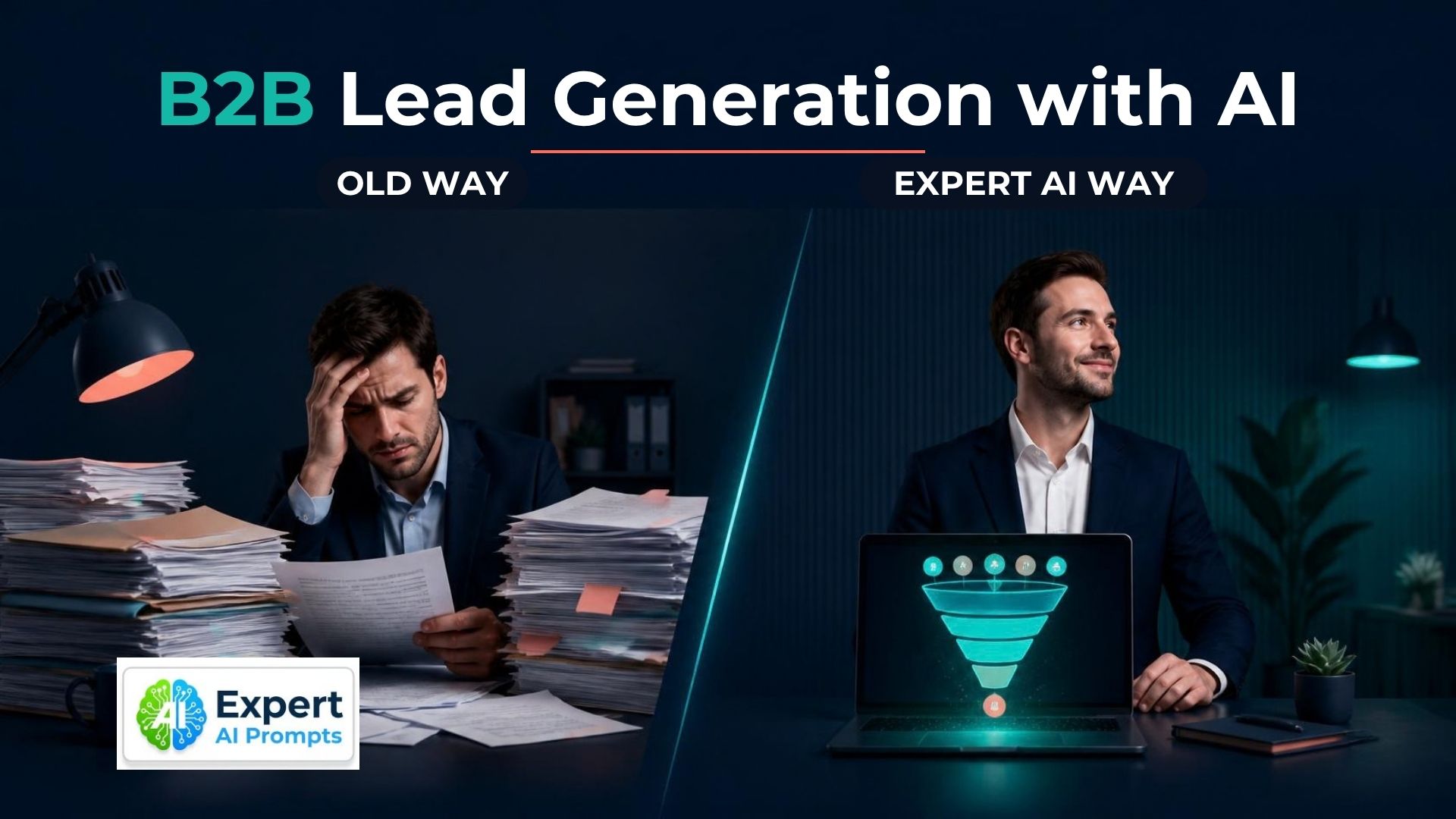 B2B lead gen with AI: stressed salesperson behind paper stacks beside a confident one with a glowing lead funnel