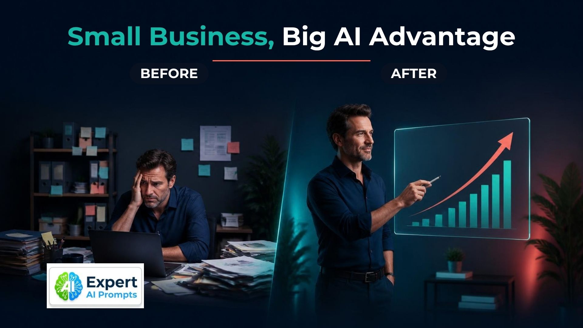 Small business case study: worried owner in a cluttered office beside the same owner presenting a rising results chart