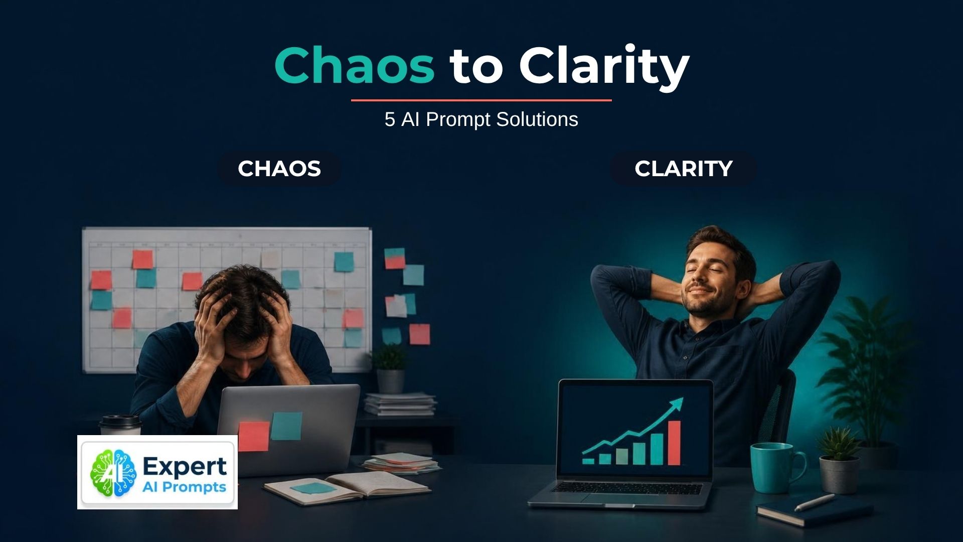 From chaos to clarity: stressed worker among sticky notes beside a relaxed worker with a rising growth chart