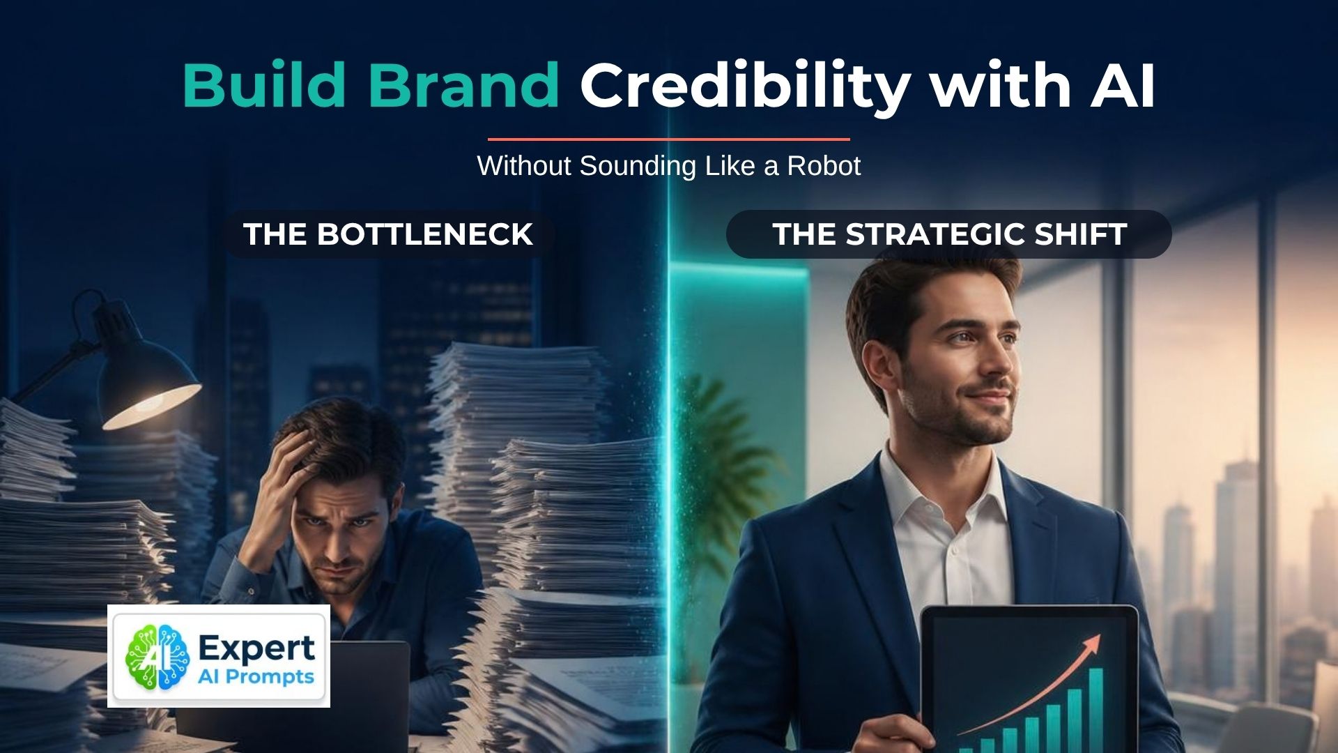 AI writing tools for brand credibility: worker behind drafts beside a confident one holding a rising credibility chart