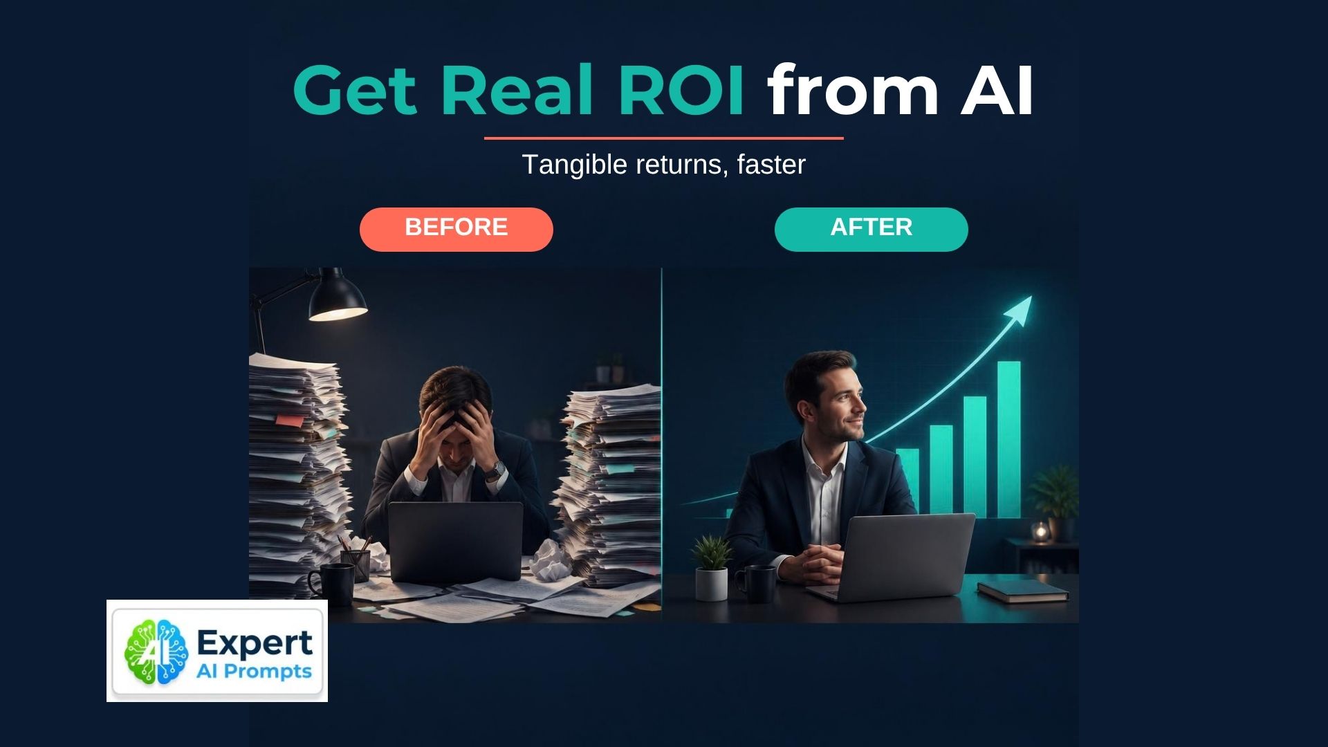 Getting ROI from AI: stressed worker behind paper stacks beside a calm worker next to a green rising ROI chart