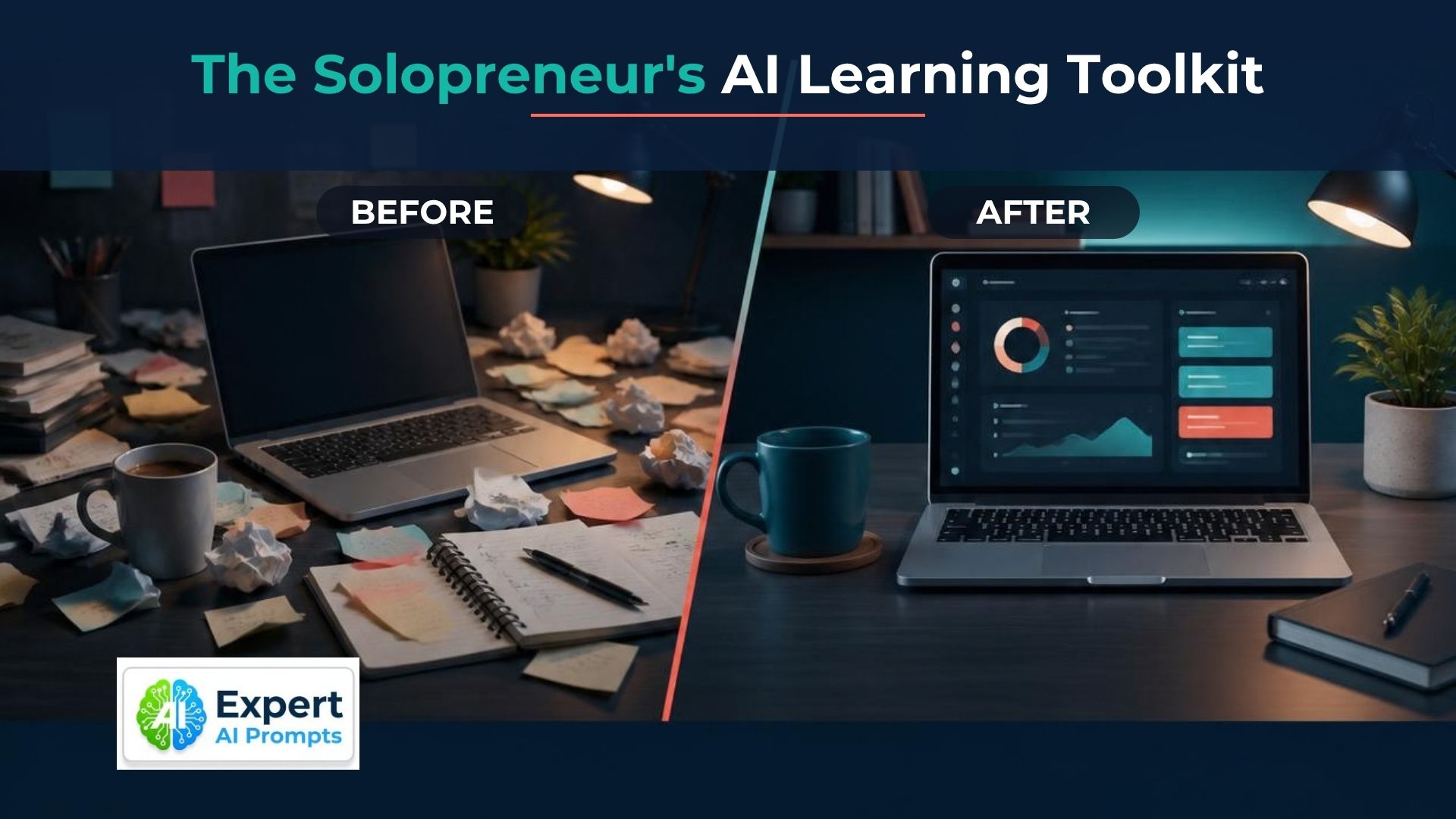 AI learning toolkit for solopreneurs: a messy desk beside a tidy desk with an organised learning dashboard