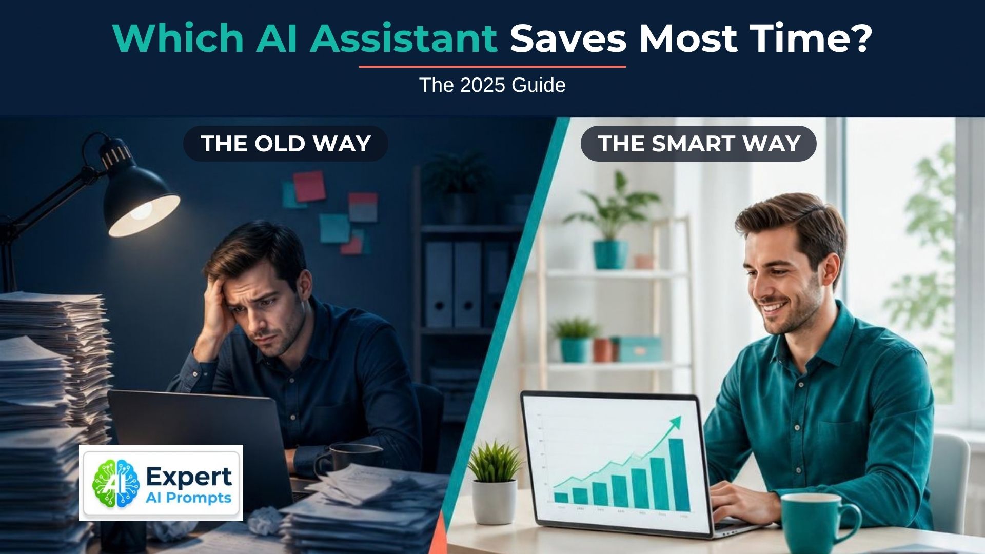 Best AI assistant for saving time: tired worker among papers beside a smiling worker with a green productivity chart